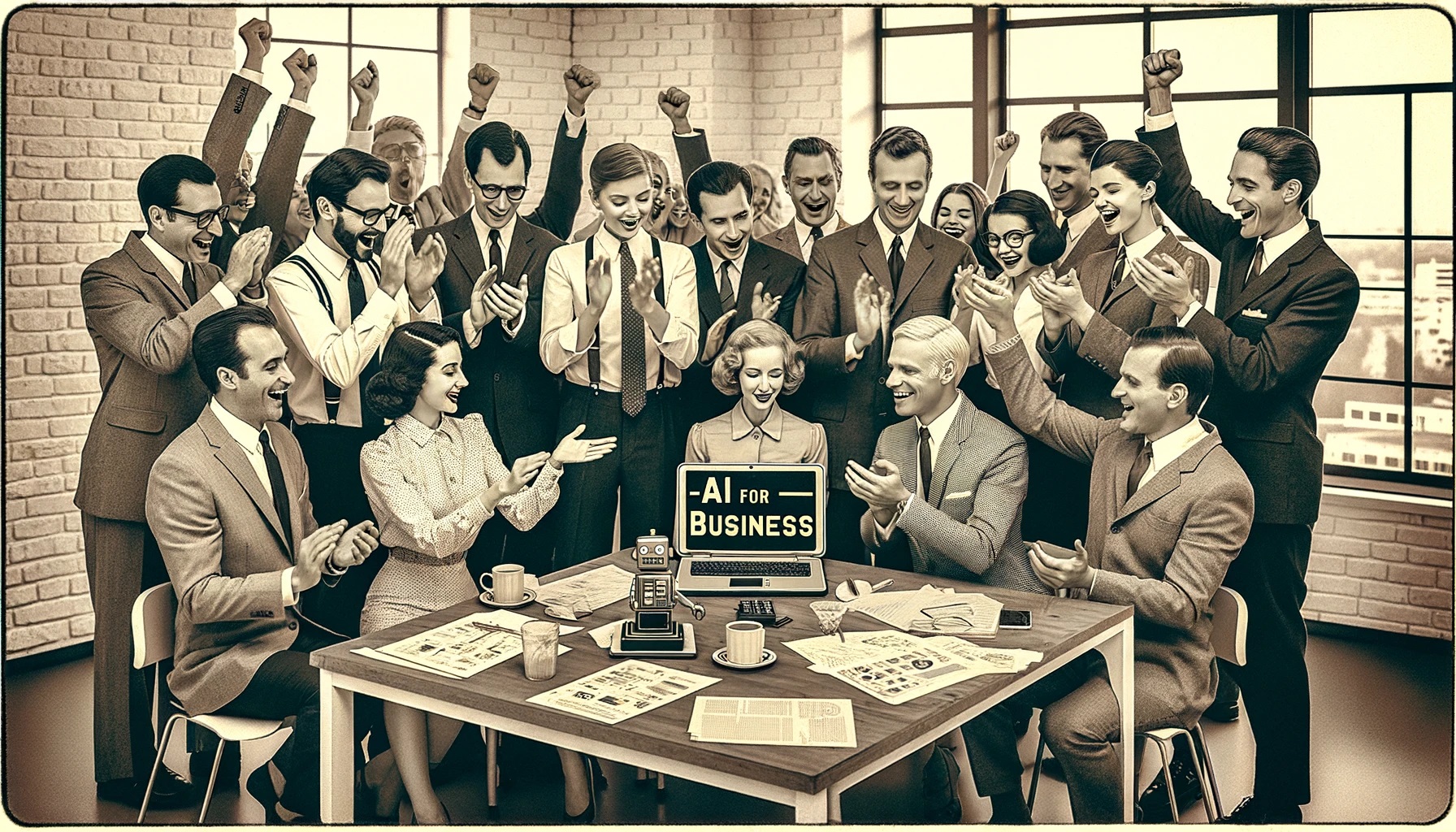 DALL·E 2024-02-03 10.14.37 – the image features a diverse group of business professionals around a laptop in an office, celebrating AI diccovery. Prompt by Jacek Korneluk