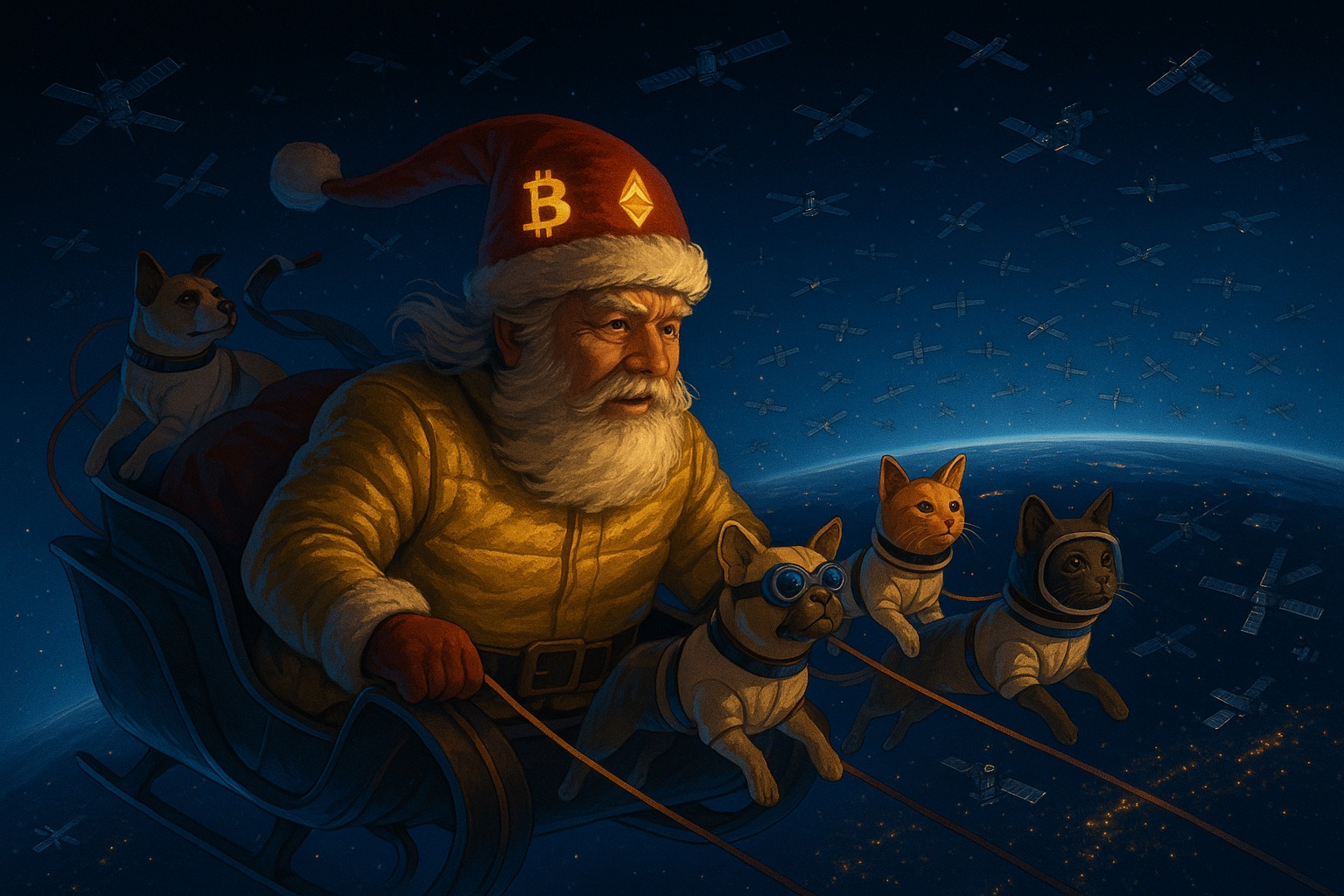 Santa Claus wearing a red hat with Bitcoin and Ethereum symbols rides a sleigh in Earth’s orbit, guided by space-suit-wearing cats and a dog, with dozens of satellites floating in the starry sky above the planet.