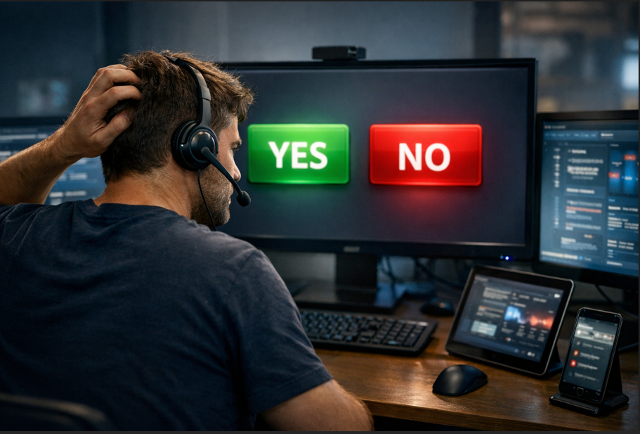 Man using computer facing yes or no decision screen representing digital choices and online decision-making