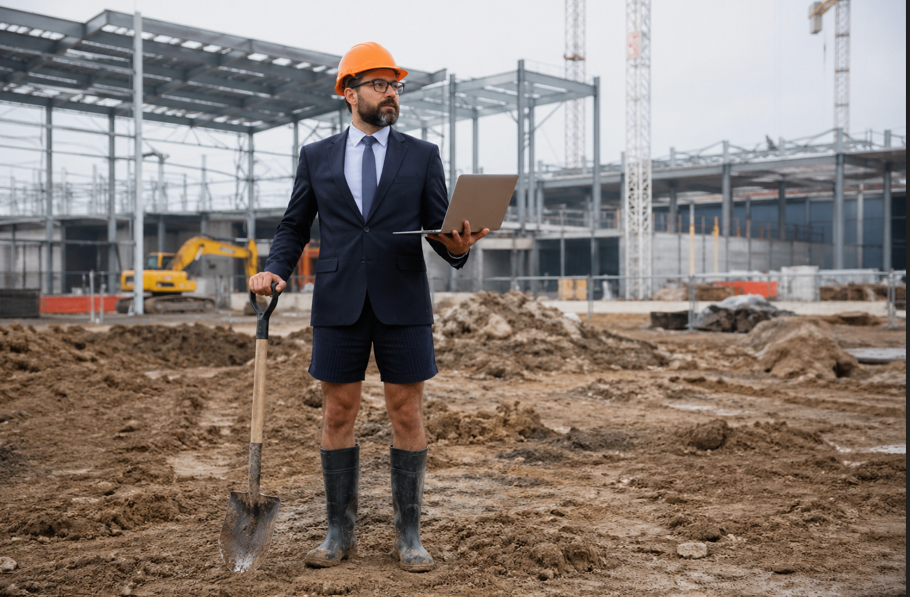 Businessman in suit and safety helmet holding laptop and shovel at data centre construction site, symbolising real estate development tokenisation