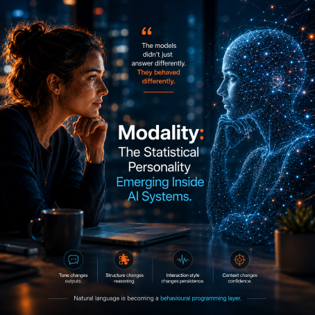 A realistic futuristic illustration showing a woman sitting at a desk at night, thoughtfully facing a glowing AI-generated humanoid figure made of interconnected blue digital particles and neural-like lines. Between them appears the article title “Modality: The Statistical Personality Emerging Inside AI Systems.” The image symbolises human–AI interaction, behavioural adaptation, and the emergence of persistent interaction patterns within conversational AI systems. Additional icons and text reference tone changes, reasoning shifts, interaction persistence, and confidence modulation.