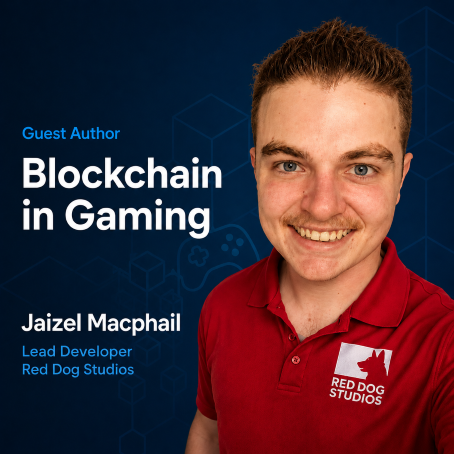 Professional portrait of Jaizel Macphail, Lead Developer at Red Dog Studios, featured as a guest author on Spektrumlab.io. The image includes the article title “Blockchain in Gaming” against a modern blue technology-themed background with subtle blockchain-inspired geometric elements and gaming iconography.